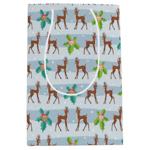 Winter Christmas Deer with Holly Retro Inspired Medium Gift Bag