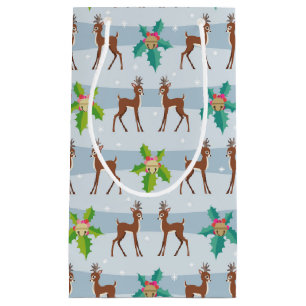 Winter Christmas Deer with Holly Retro Inspired Small Gift Bag