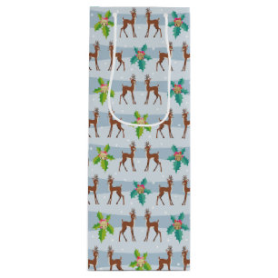 Winter Christmas Deer with Holly Retro Inspired Wine Gift Bag