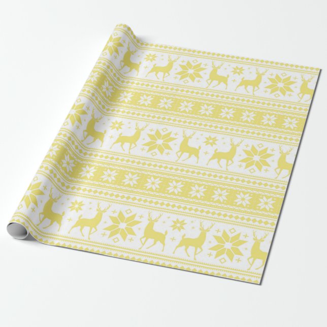 Winter Christmas Deer Yellow Snowflake Pattern Wrapping Paper (Unrolled)