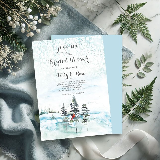 Winter Christmas Evergreen Bridal Shower Invitatio Invitation (Country bridal shower invitations watercolor pine trees snowy scene cardinal blue)
