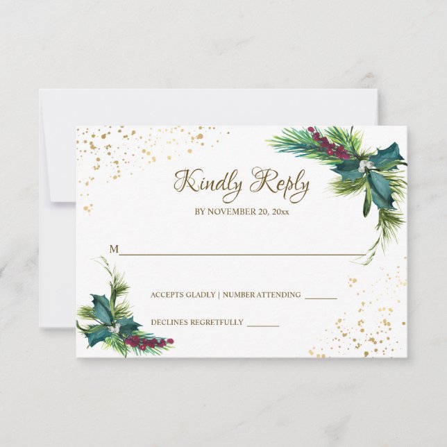Winter Christmas Evergreen Holly Wedding RSVP Card (Front)