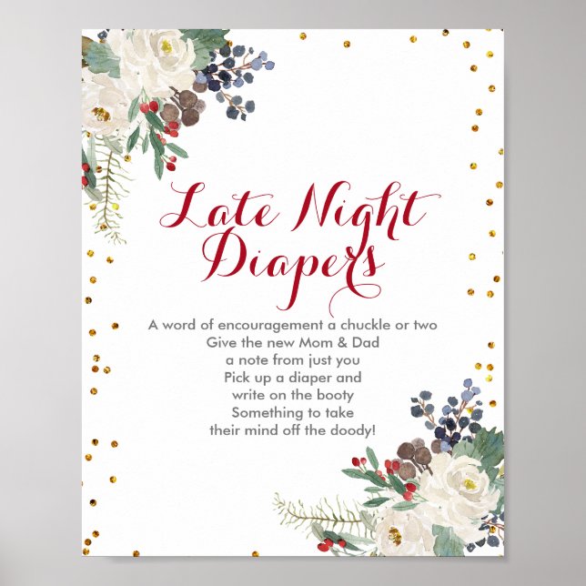 Winter Christmas Floral Late Night Diapers Sign (Front)