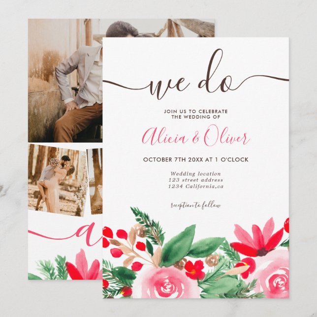 Winter Christmas floral photo initials wedding Invitation (Front/Back)