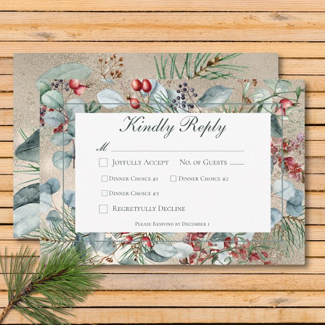 Winter Christmas Greenery Gold Three Dinner RSVP Card (Winter Christmas Greenery Gold Three Dinner RSVP Card)