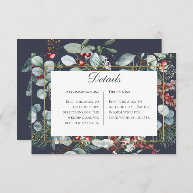 Winter Christmas Greenery Navy Details Wedding Enclosure Card (Front/Back)