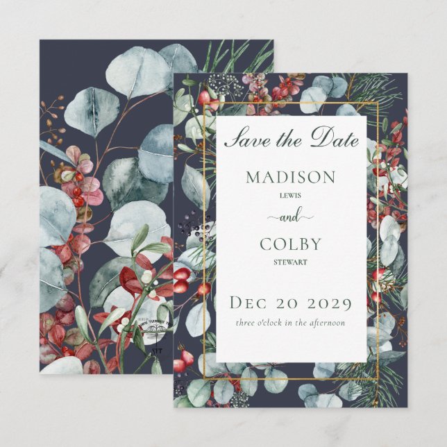 Winter Christmas Greenery Navy Wedding Save The Date (Front/Back)
