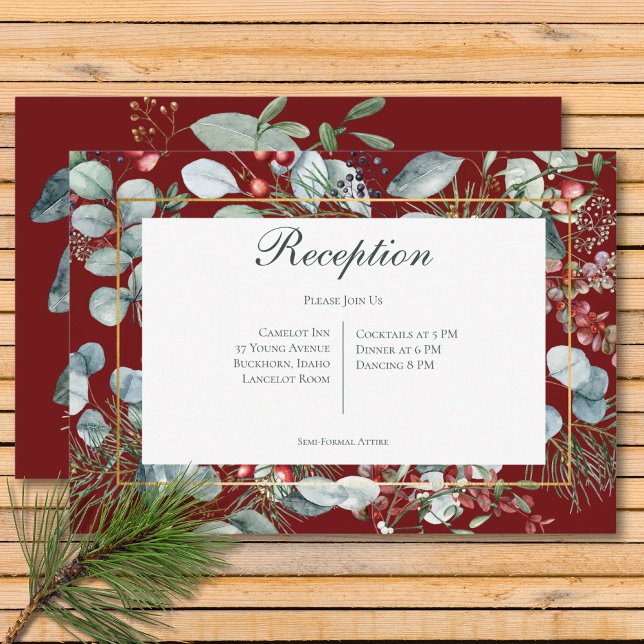 Winter Christmas Greenery Red Reception Wedding Enclosure Card (Winter Christmas Greenery Red Reception Wedding Enclosure Card)