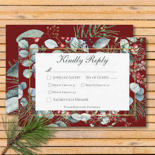 Winter Christmas Greenery Red Wedding Three Dinner RSVP Card