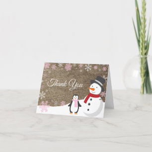Winter Christmas Holiday Pink Snowflake Burlap Thank You Card