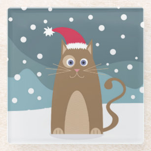 Winter christmas holidays santa cat pet animal glass coaster