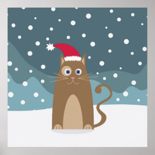 Winter christmas holidays santa cat snowflakes poster