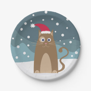 Winter christmas holidays santa hat funny cat paper plate