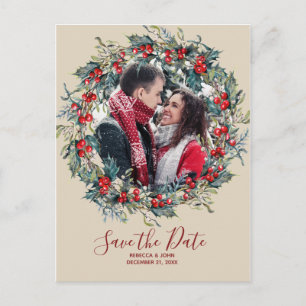 winter christmas holly save the date postcard