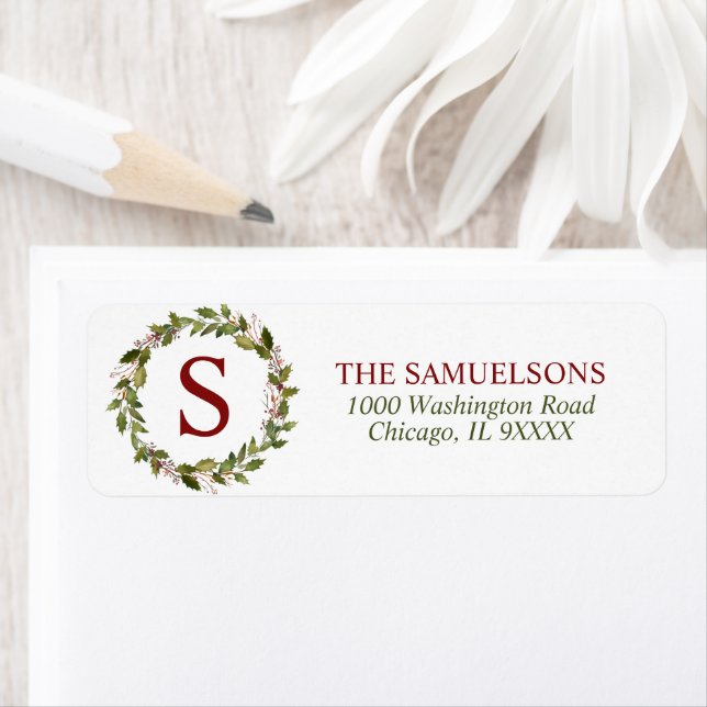 Winter Christmas Holly Wreath Monogram Red (Insitu)