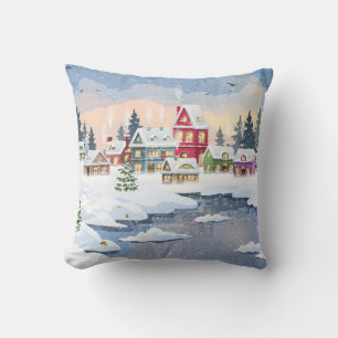 Winter Christmas landscape with snow-covered house Throw Pillow