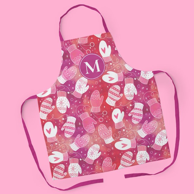 Winter Christmas Mittens Pattern in Pink Apron (Pink Winter Mittens Pattern with Monogram Apron)