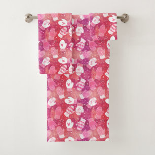 Winter Christmas Mittens Pattern in Pink Bath Towel Set