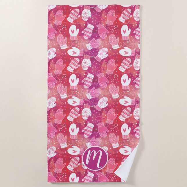 Winter Christmas Mittens Pattern in Pink Beach Towel (Front)