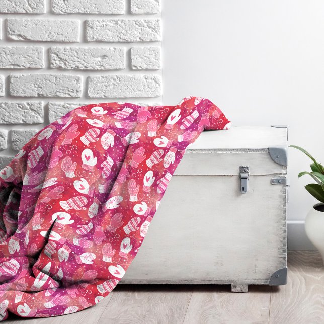 Winter Christmas Mittens Pattern in Pink Fleece Blanket (Pink Winter Mittens Pattern Fleece Blanket)