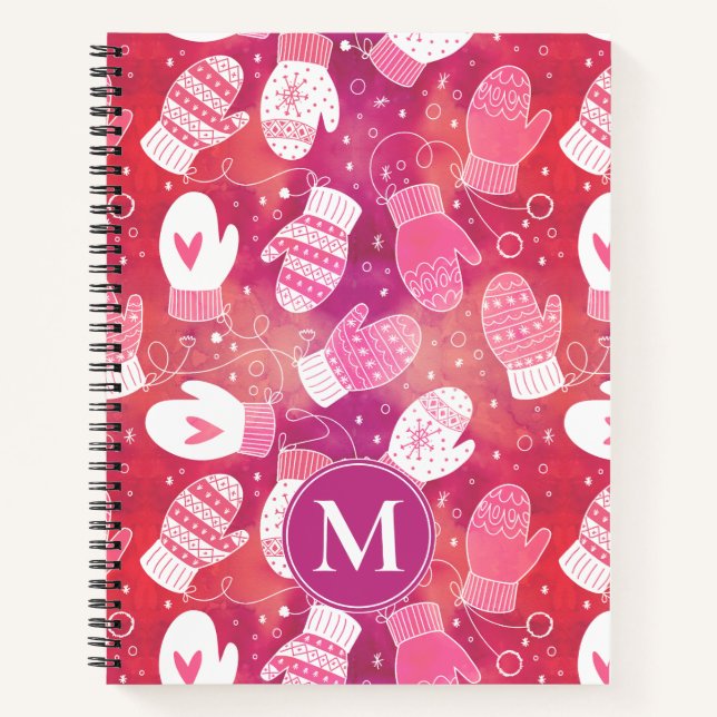 Winter Christmas Mittens Pattern in Pink  Notebook (Front)