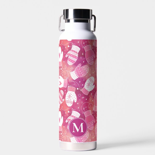 Winter Christmas Mittens Pattern in Pink Water Bottle (Front)