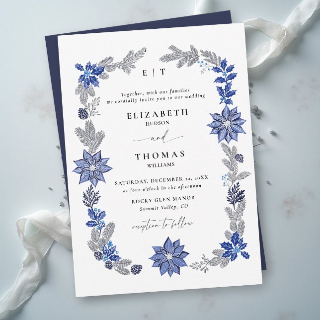 Winter Christmas Navy Blue Botanical Wedding Invitation (winter wedding invitation navy blue white botanical greenery foliage elegant modern classic formal)