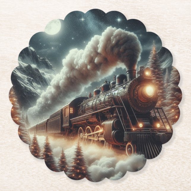Winter/Christmas night train Paper Coaster (Front)