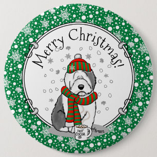 Winter Christmas Old English Sheepdog Grey 1 Cute 6 Inch Round Button
