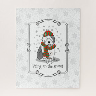 Winter Christmas Old English Sheepdog Grey 1 Cute Jigsaw Puzzle