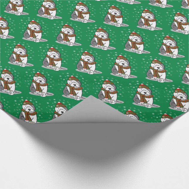 Winter Christmas Old English Sheepdog Grey 1 Cute Wrapping Paper (Corner)