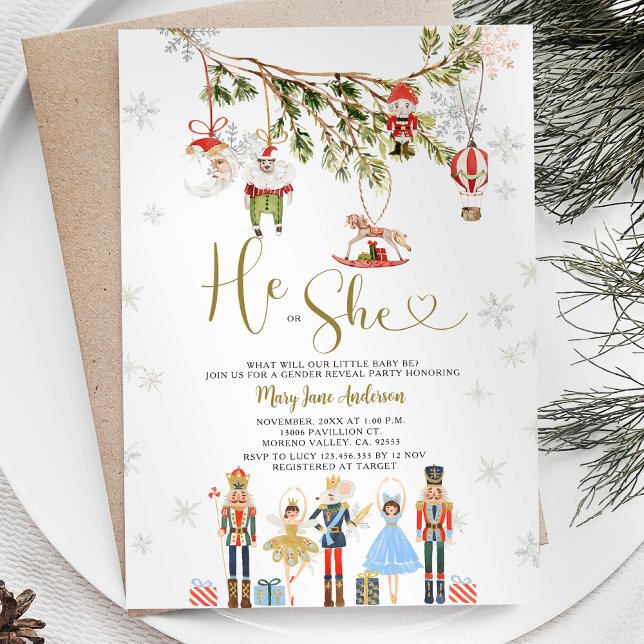 WINTER Christmas Ornament He or She Gender Reveal Invitation (Creator Uploaded)