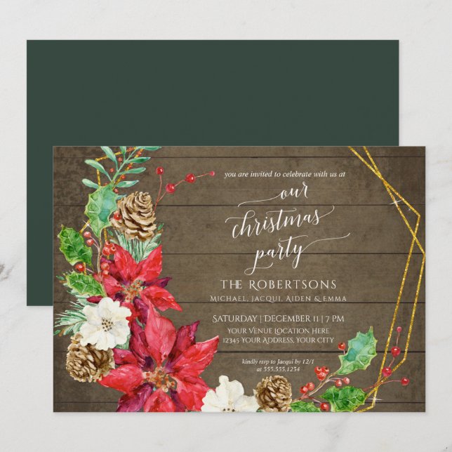 Winter Christmas Party Crescent Floral Wreath Wood Invitation (Front/Back)
