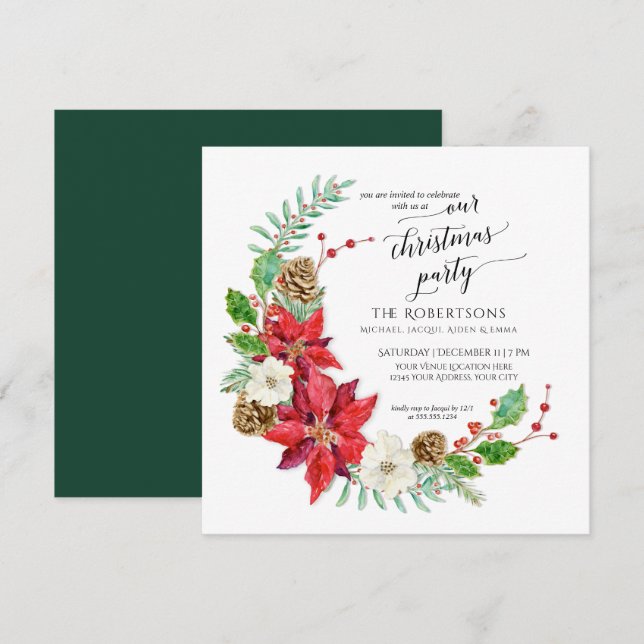 Winter Christmas Party Crescent Wreath | Square Invitation (Front/Back)