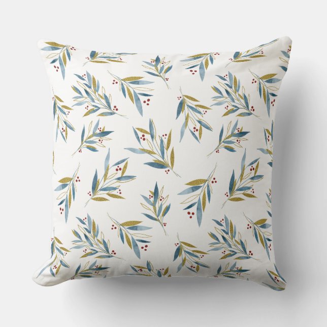 Winter Christmas Pattern from Blue Gold Branches Throw Pillow (Front)