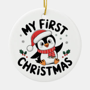 Winter Christmas Penguin Adventure in Snowy Wonder Ceramic Ornament