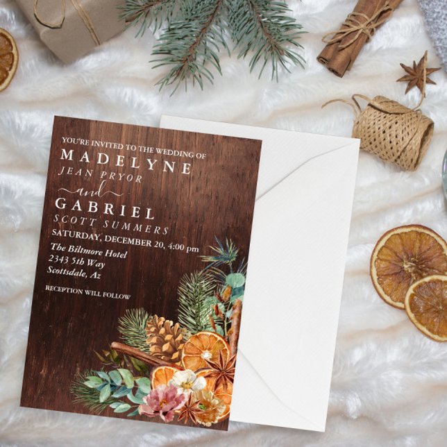 Winter Christmas Pine Bouquet Wood Wedding Invitation (Creator Uploaded)
