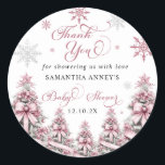 Winter Christmas Pink Baby Shower Thank You Classic Round Sticker<br><div class="desc">Show your gratitude in style with the Winter Christmas Tree Snowflakes Pink Baby Shower Thank You Square Sticker. Featuring a lovely pink background adorned with elegant Christmas trees and delicate snowflakes, this sticker beautifully captures the essence of a cozy winter celebration. Perfect for sealing thank-you notes, gift bags, or party...</div>