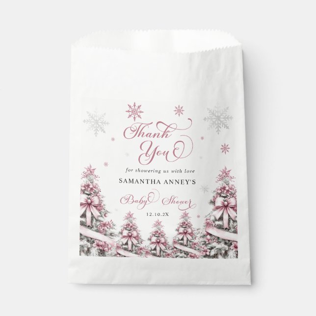 Winter Christmas Pink Baby Shower Thank You Favour Bag (Front)