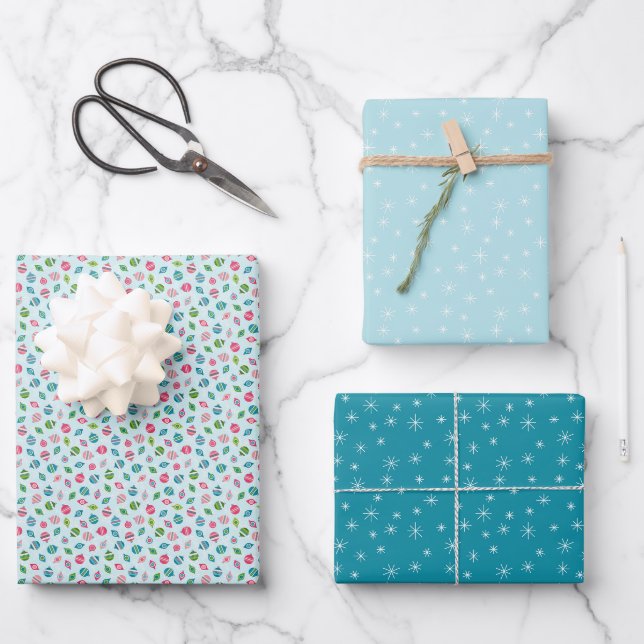 Winter Christmas Retro Inspired Blue Patterns Wrapping Paper Sheet (Front)