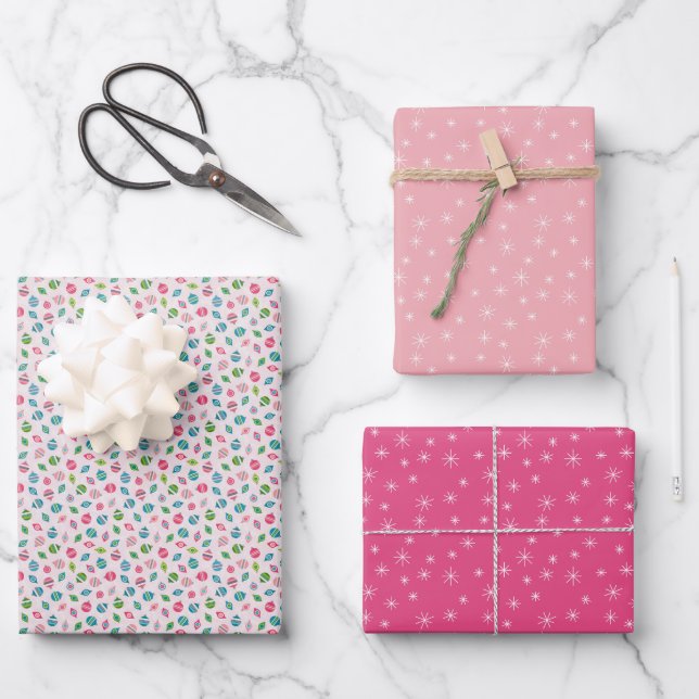 Winter Christmas Retro Inspired Pink Patterns Wrapping Paper Sheet (Front)