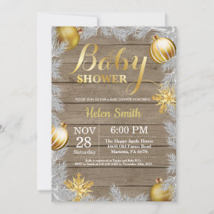 Winter Christmas Rustic Gold Baby Shower Invitation