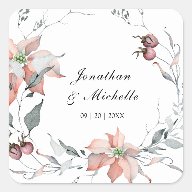 Winter Christmas Salmon Poinsettia Silver Wedding Square Sticker (Front)