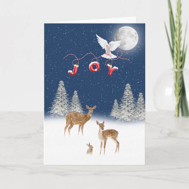 Winter Christmas scene with JOY and dove Holiday Card (Front)