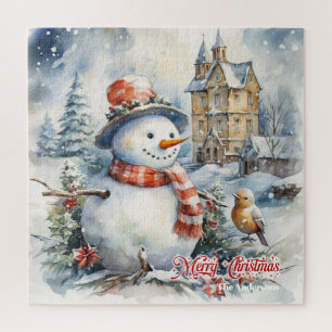 Winter Christmas scene with snowman in snow forest Jigsaw Puzzle