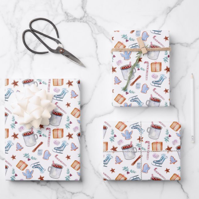 Winter Christmas Season Candy Canes Ice Skates Wrapping Paper Sheet (Front)