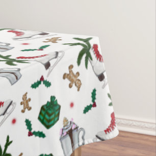 Winter Christmas Season Skating Pine Boughs Holly  Tablecloth