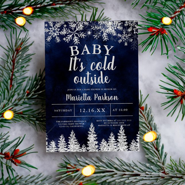 Winter Christmas silver snow pine navy baby shower Invitation (Winter Christmas silver snow pine navy baby shower Invitation)