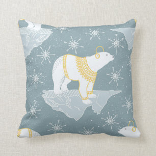 Winter Christmas snowflake polar bear iceberg blue Throw Pillow