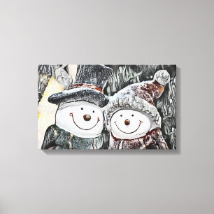 Winter, Christmas Snowman and Snow woman drawing Canvas Print